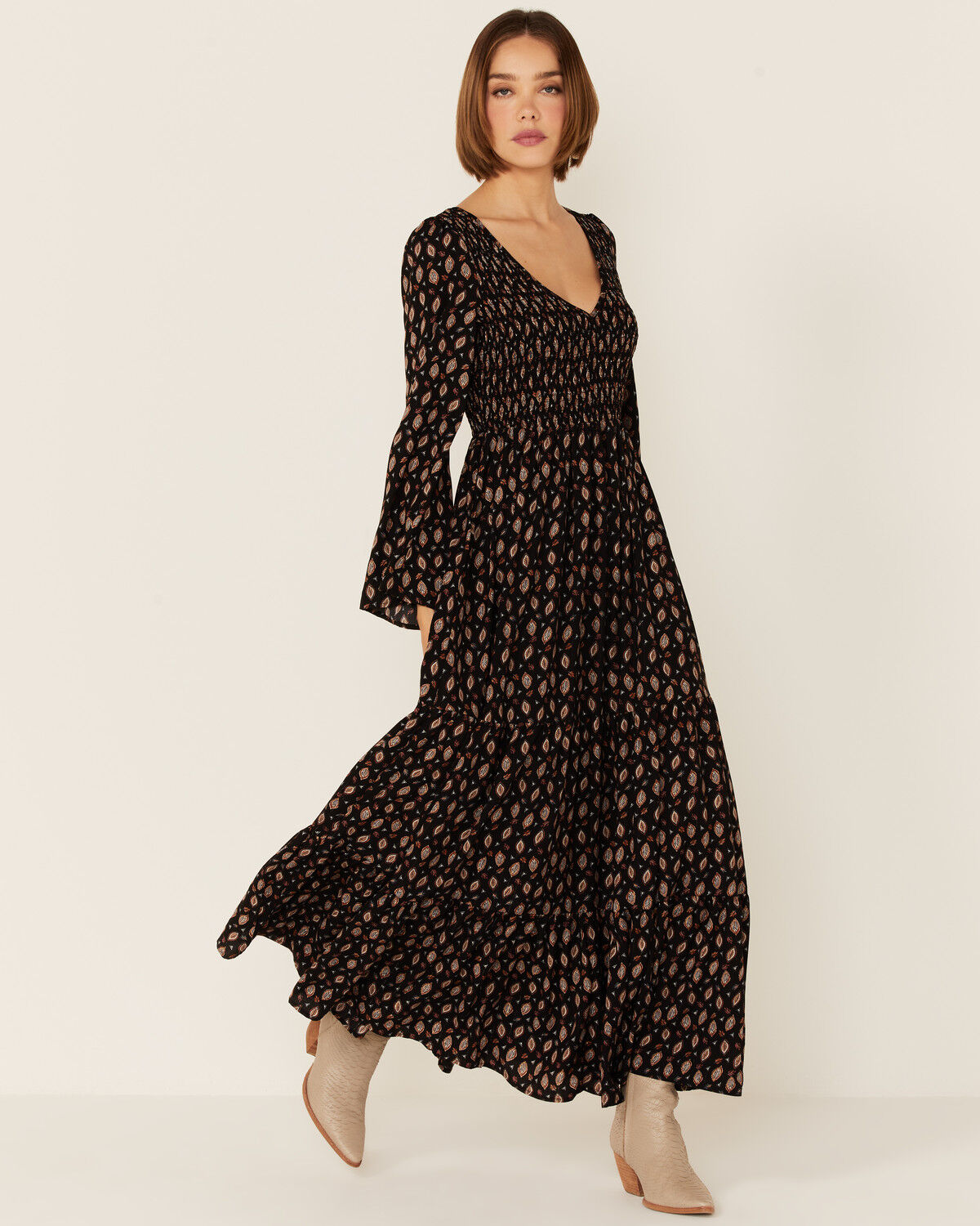 black maxi dress bell sleeves