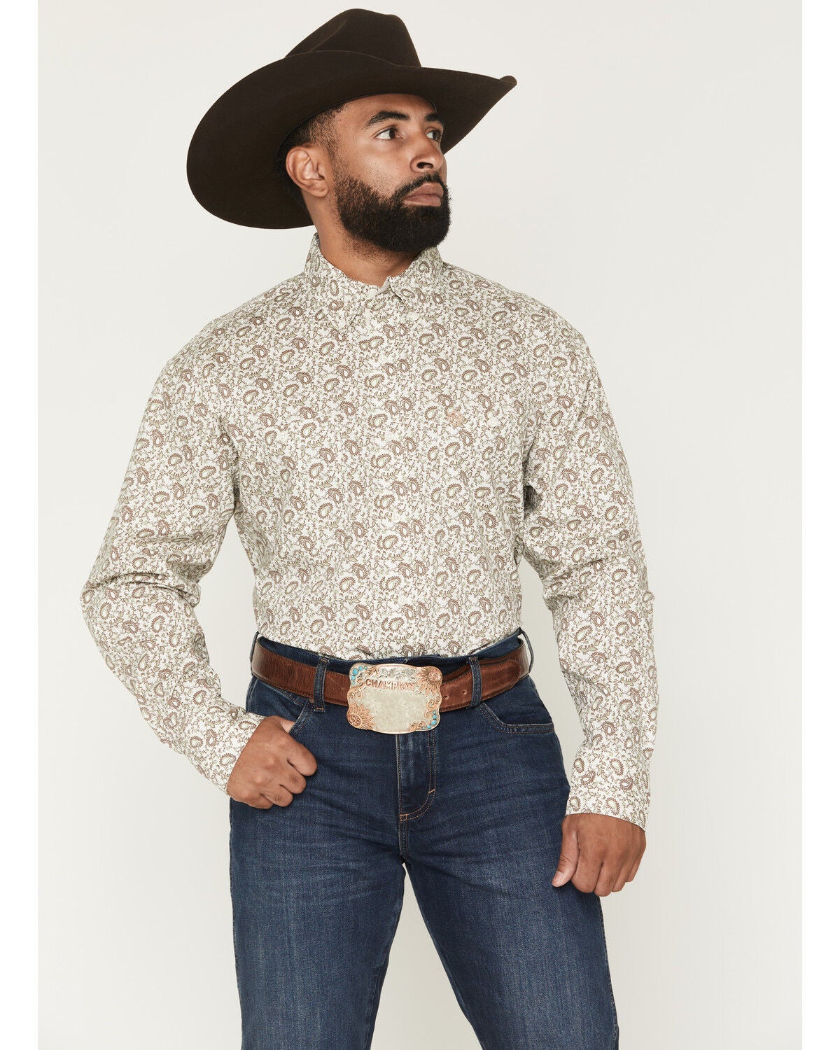 George Strait by Wrangler Men's Paisley Print Long Sleeve Button-Down Stretch Western Shirt, Brown, hi-res