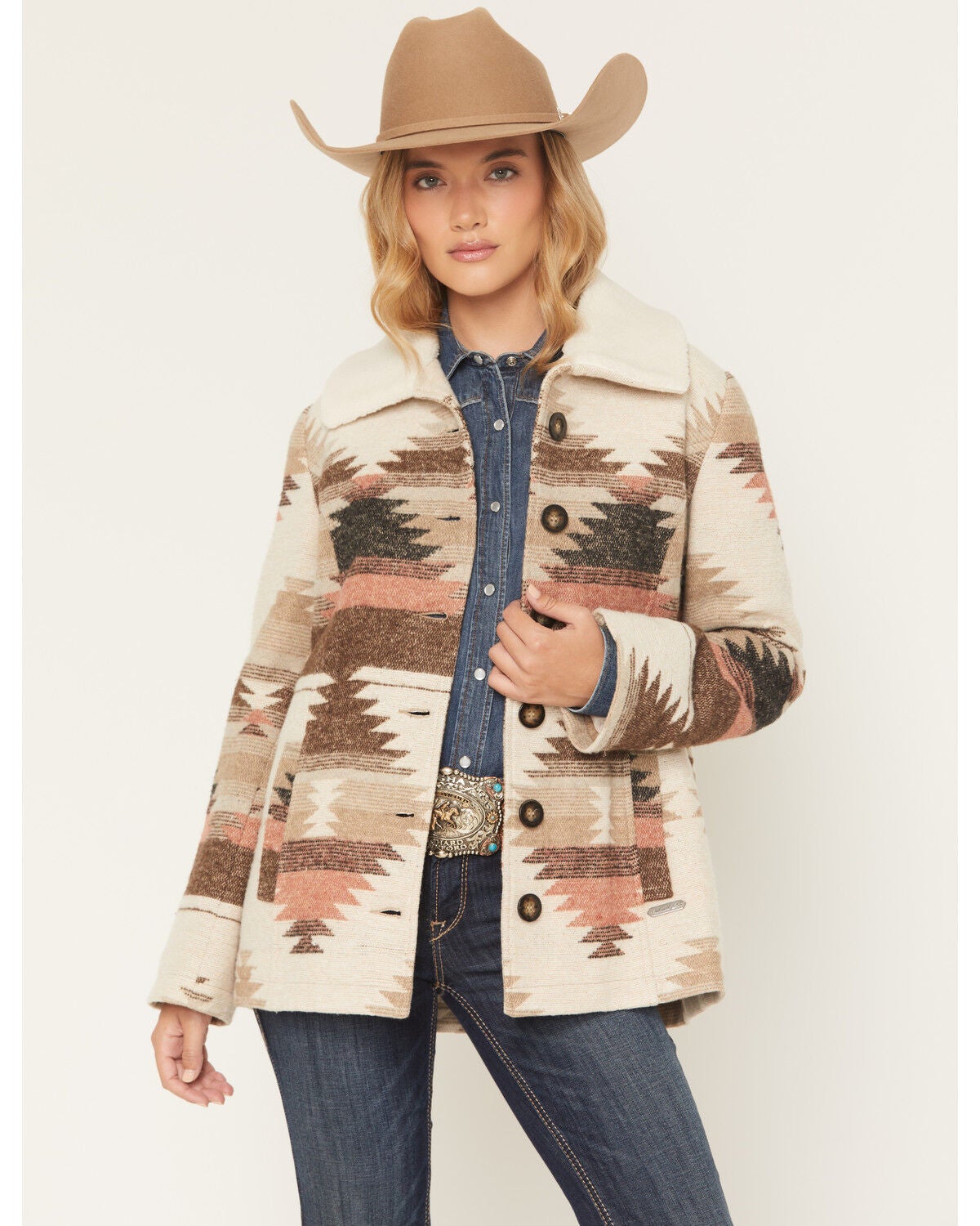Image #1 - Panhandle Slim Women's Southwestern Print Button-Down Coat, Brown, hi-res