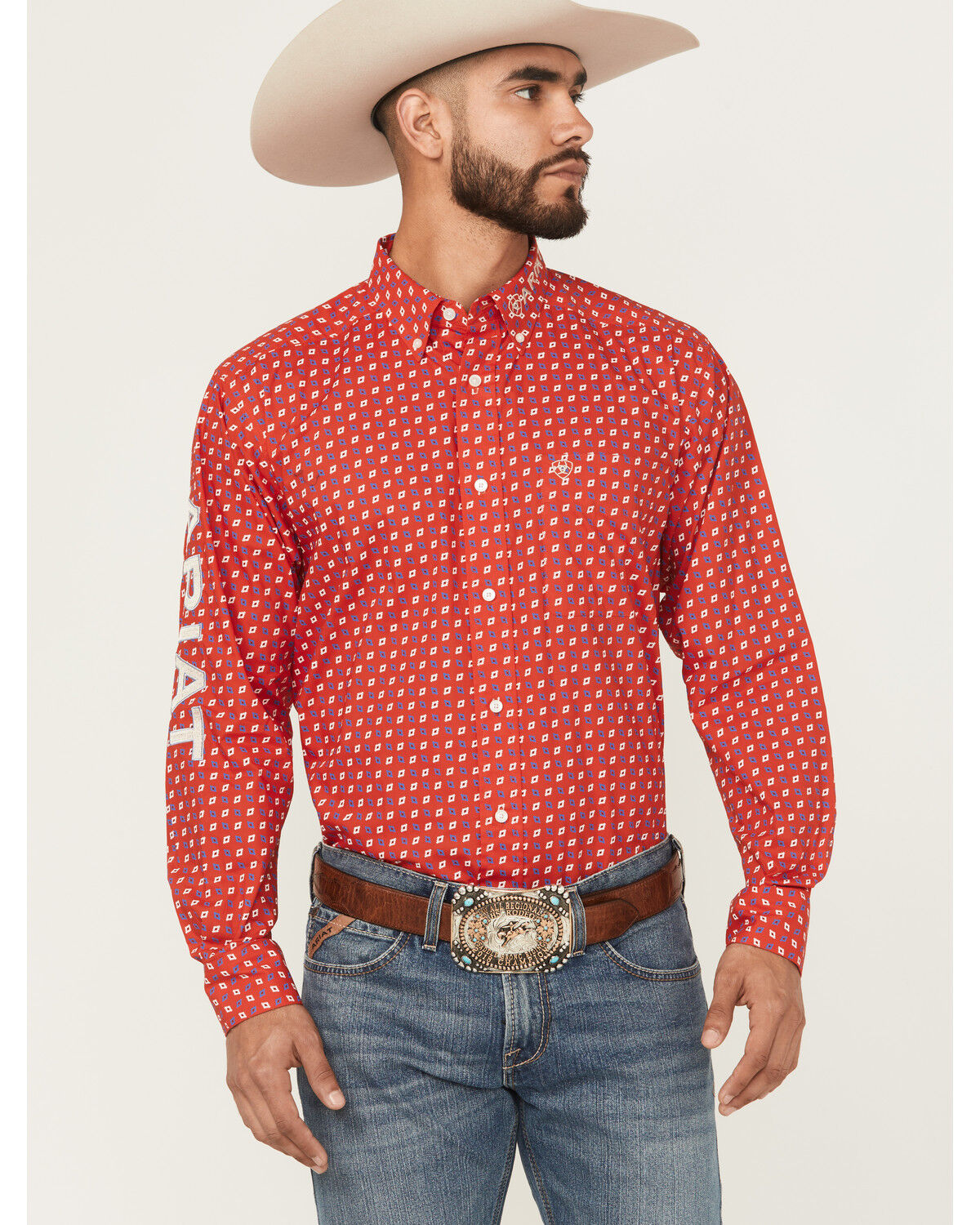 Image #1 - Ariat Men's Team Fallon Geo Print Long Sleeve Button-Down Western Shirt, Red, hi-res