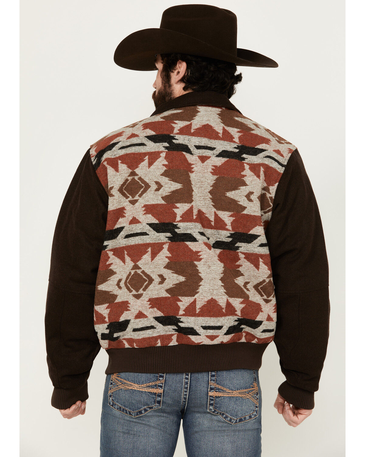 Image #4 - Cripple Creek Men's Brown Navajo Blanket Print Snap-Front Bomber Jacket, Brown, hi-res