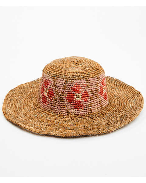 Shyanne Women's Floral Crochet Straw Fashion Sun Hat, Tan, hi-res