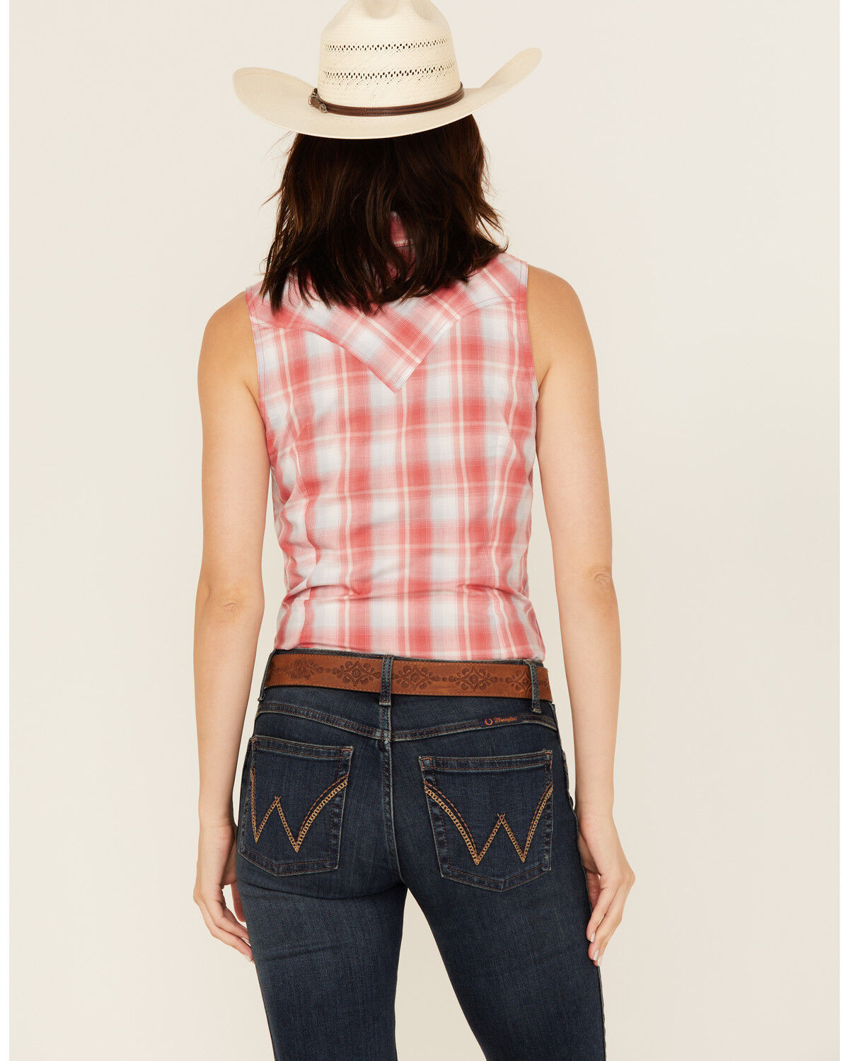 Image #4 - Wrangler Retro Women's Boot Barn Exclusive Plaid Print Sleeveless Pearl Snap Shirt, Red, hi-res