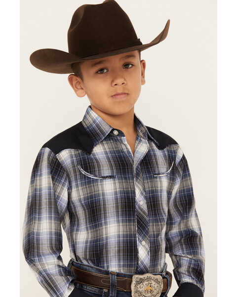 Image #2 - Roper Boys' Plaid Print Long Sleeve Pearl Snap Retro Western Shirt, Blue, hi-res