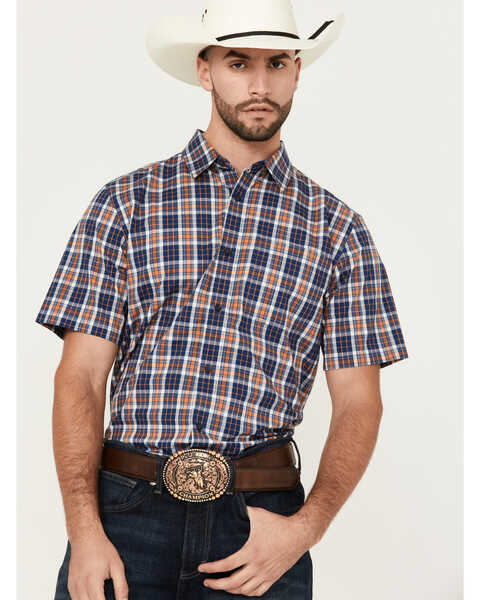 Image #1 - Cody James Men's Tequila Sunrise Plaid Print Short Sleeve Button-Down Stretch Western Shirt , Navy, hi-res