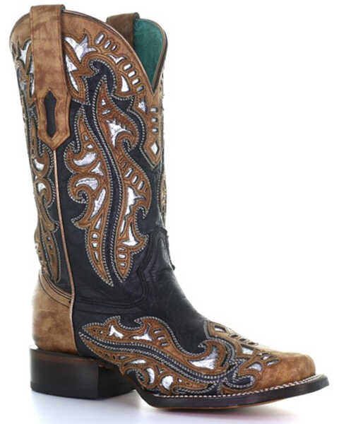 Image #1 - Corral Women's Metallic Inlay Embroidered Tall Western Boots - Square Toe, Black/brown, hi-res