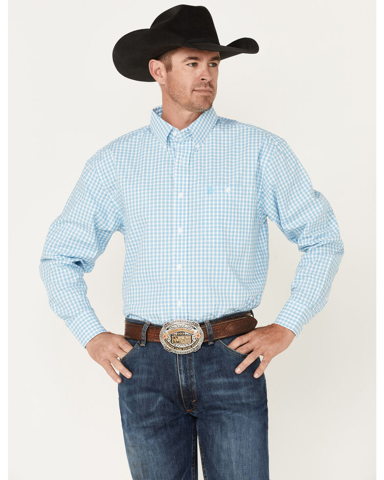 George Strait By Wrangler Men's Checker Long Sleeve Button-Down Western Shirt , Blue, hi-res