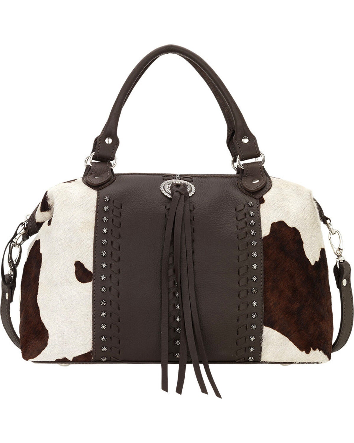 American West Cowhide Cow Town Large Convertible Zip Top Satchel, Chocolate, hi-res