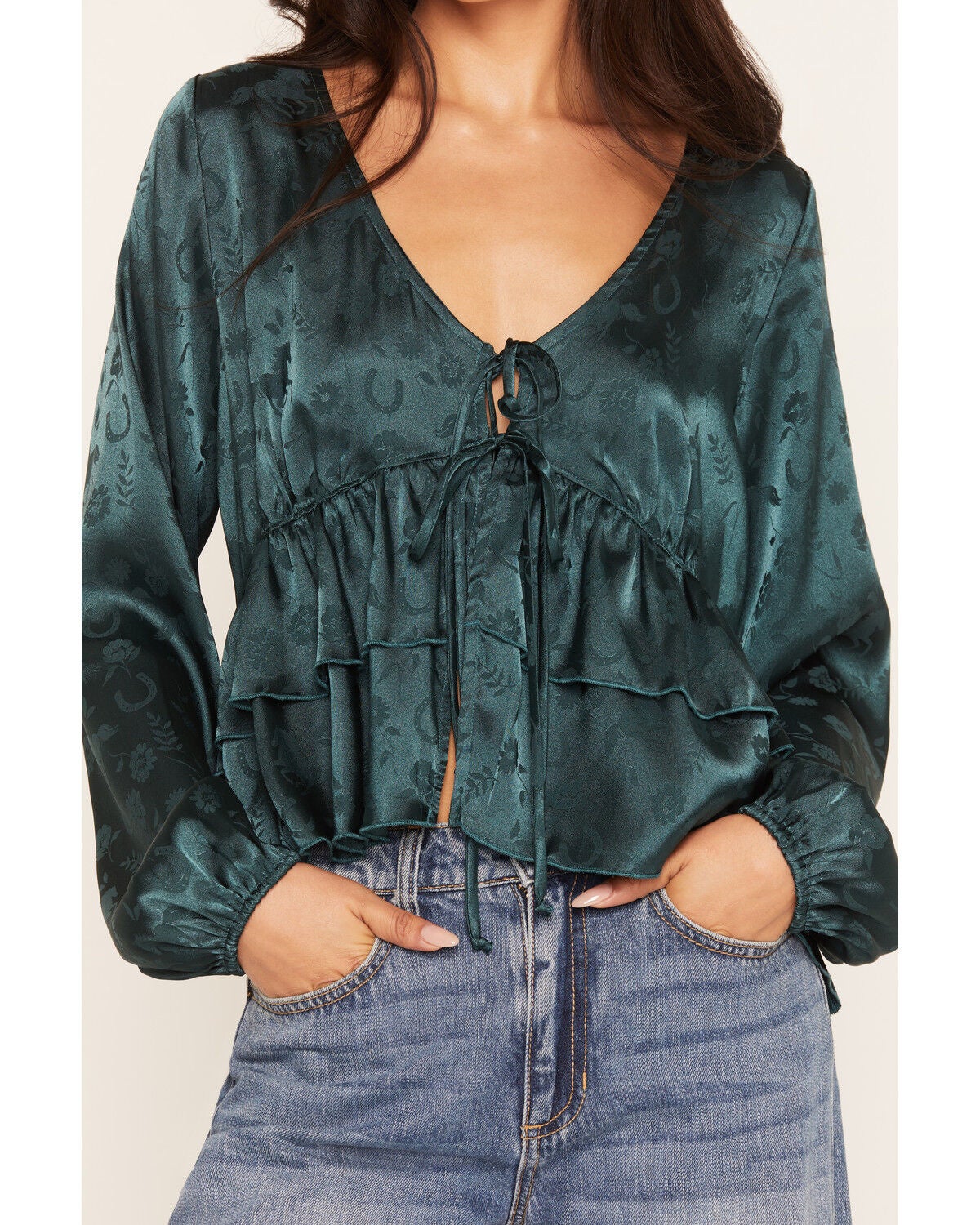 Image #3 - Wild Moss Women's Western Jacquard Front Tie Blouse, Blue, hi-res