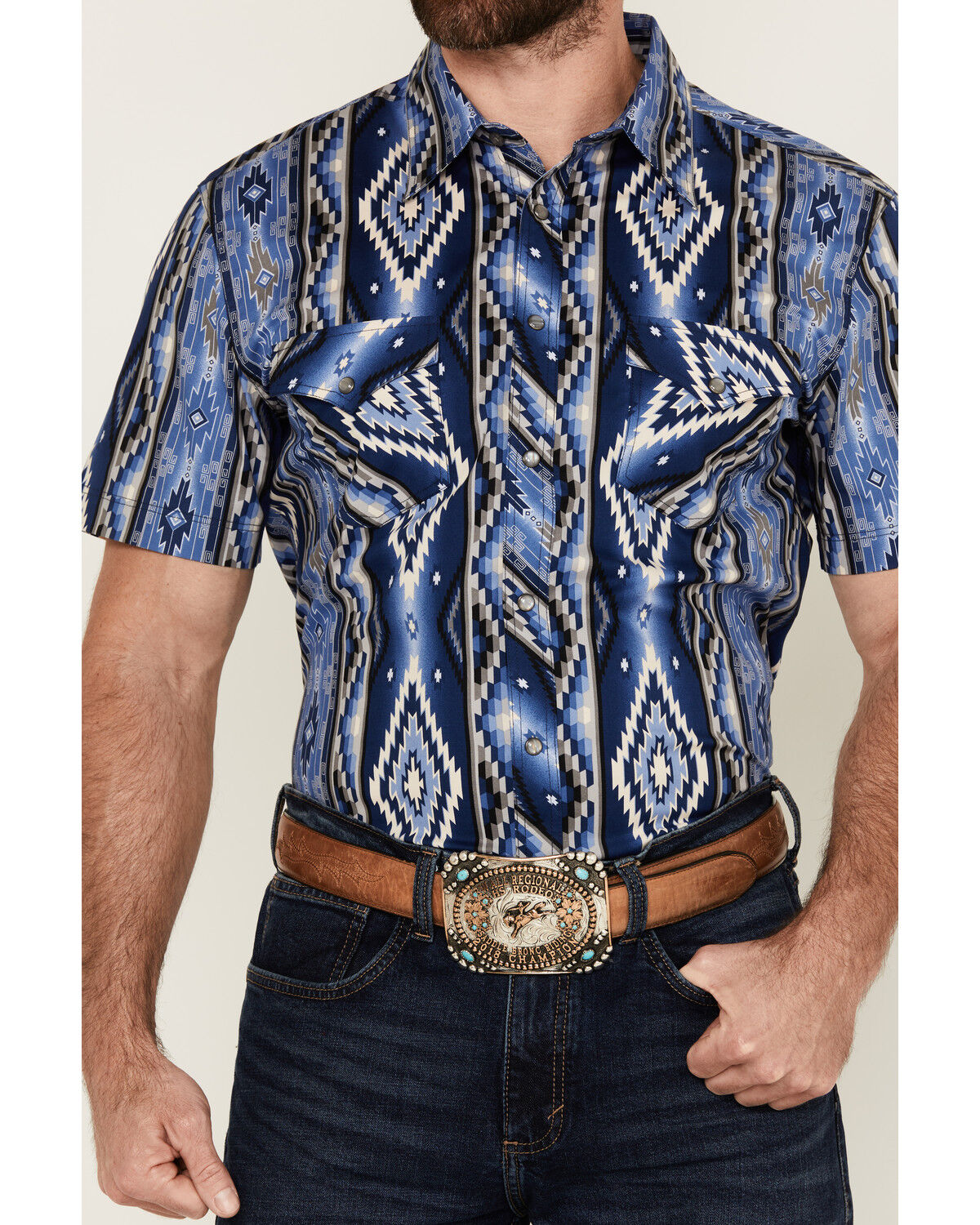 Image #3 - Rock & Roll Denim Men's Southwestern Print Short Sleeve Snap Stretch Western Shirt, Blue, hi-res