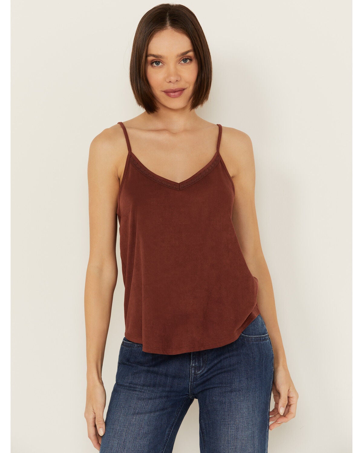 Shyanne Women's Crochet Trim Faux Suede Cami, Brown, hi-res