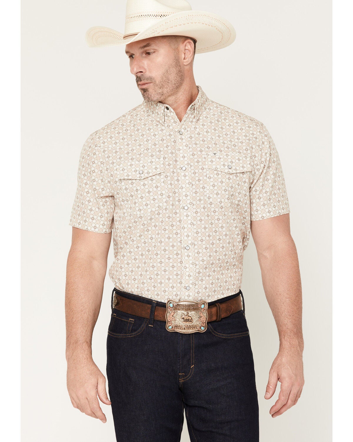 Image #1 - Ferrell Men's Callen Tek Medallion Print Short Sleeve Pearl Snap Stretch Western Shirt, Tan, hi-res