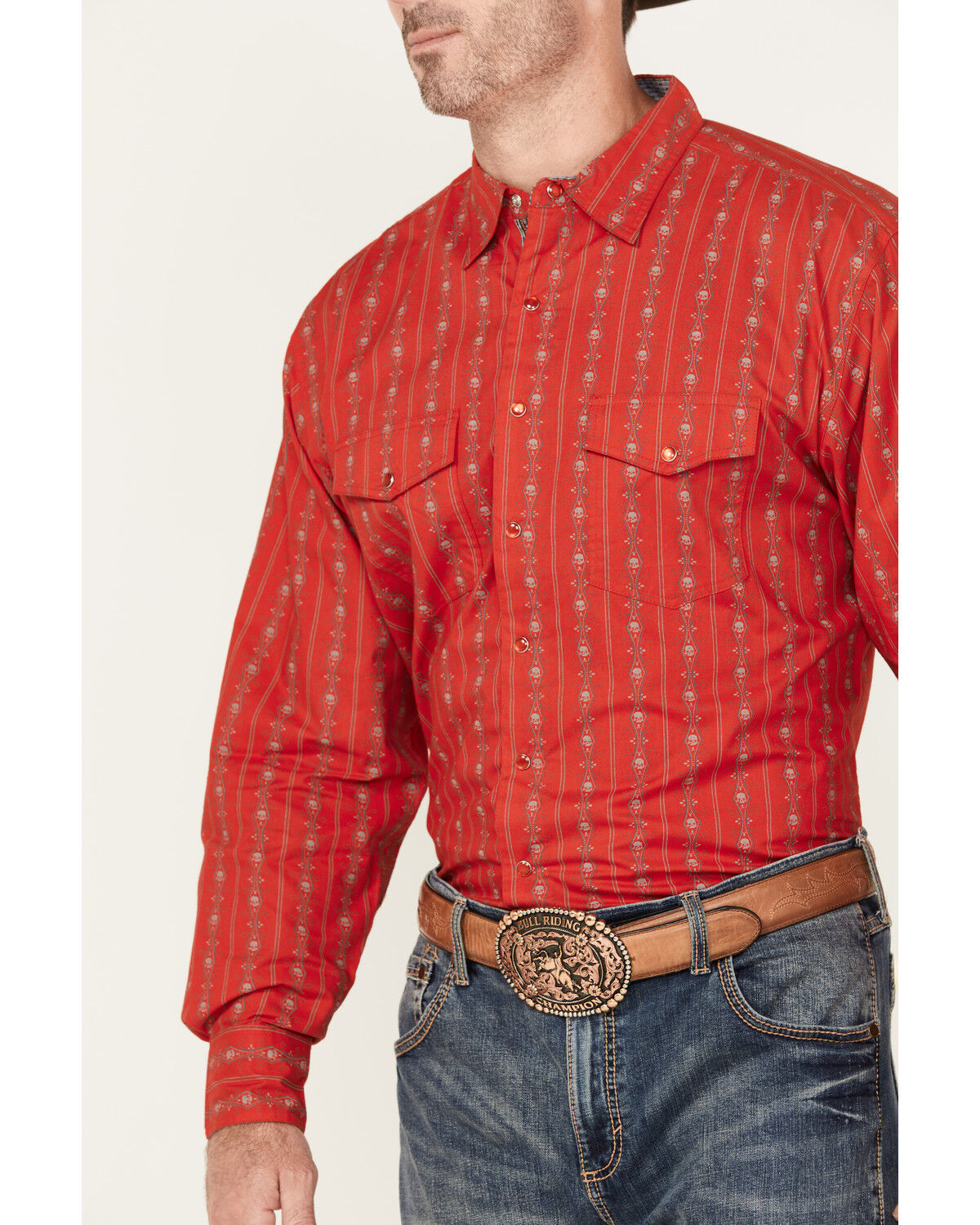 Image #3 - Scully Men's Skull Striped Long Sleeve Pearl Snap Western Shirt, Red, hi-res