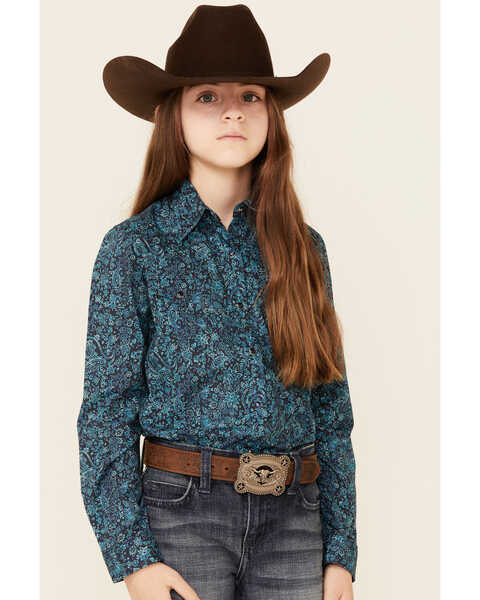 Roper Girls' Water Paisley Print Long Sleeve Snap Western Shirt , Blue, hi-res
