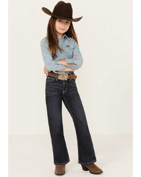 Image #1 - Wrangler Girls' "W" Swish Embroidery Bootcut Jeans, Indigo, hi-res