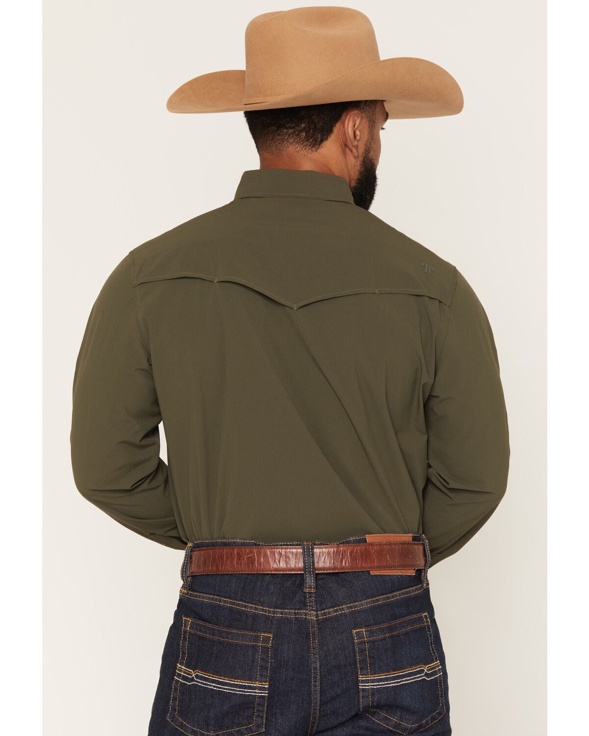 Image #4 - Ferrell Men's Tek Solid Short Sleeve Pearl Snap Stretch Performance Western Shirt, Olive, hi-res