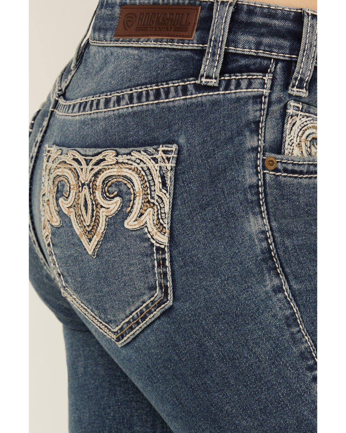 Image #2 - Rock & Roll Denim Women's Medium Wash Mid Rise Leather Embroidered Bootcut Stretch Denim Jeans, Medium Wash, hi-res