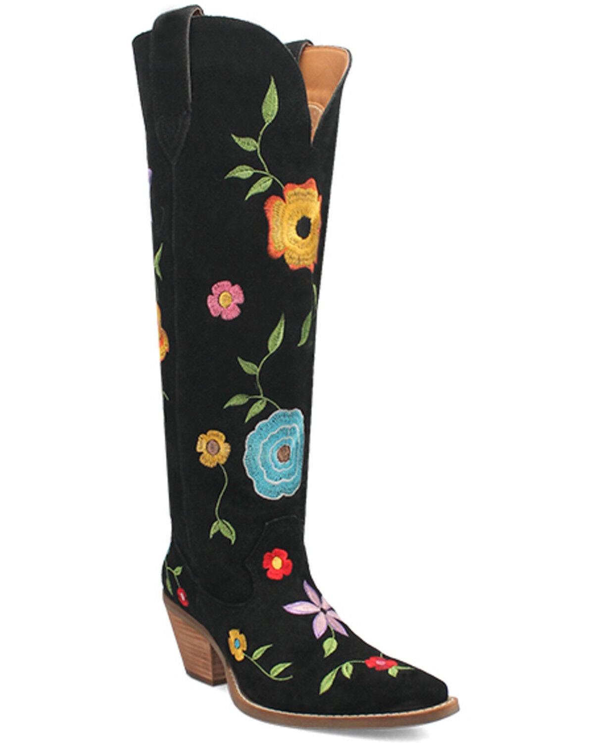 Dingo Women's Flower Power Suede Tall Western Boots - Snip Toe, Black, hi-res
