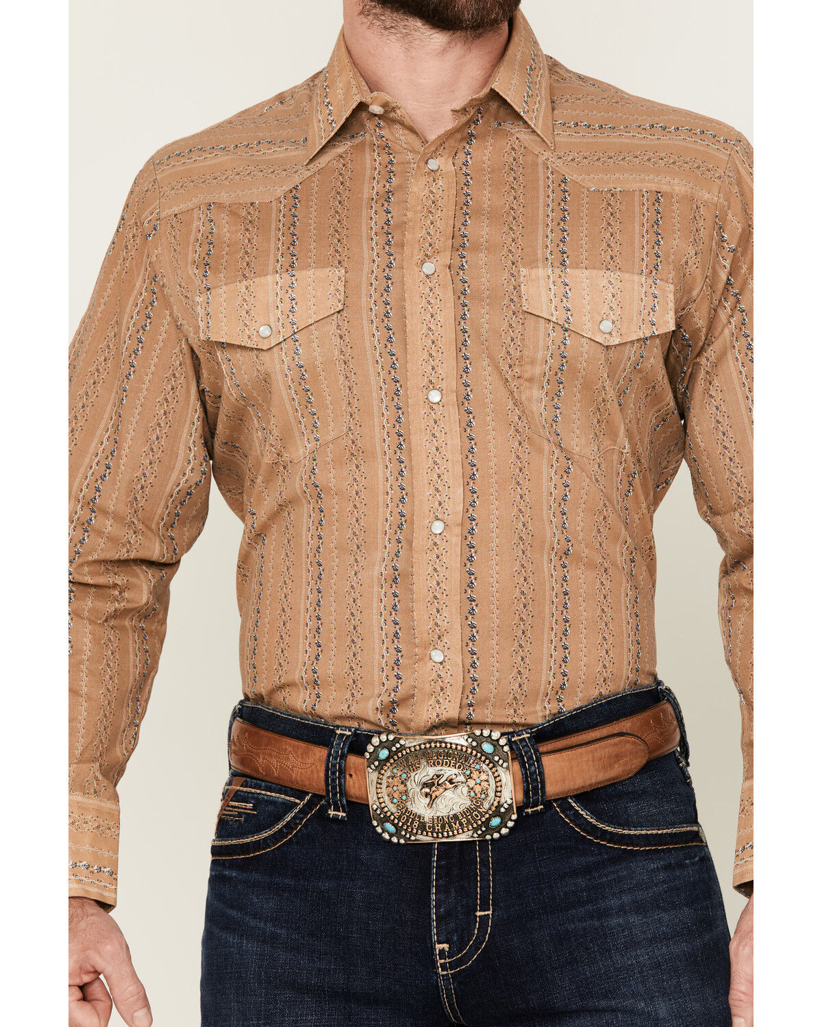 Image #3 - Roper Men's Floral Striped Print Long Sleeve Snap Western Shirt, Gold, hi-res