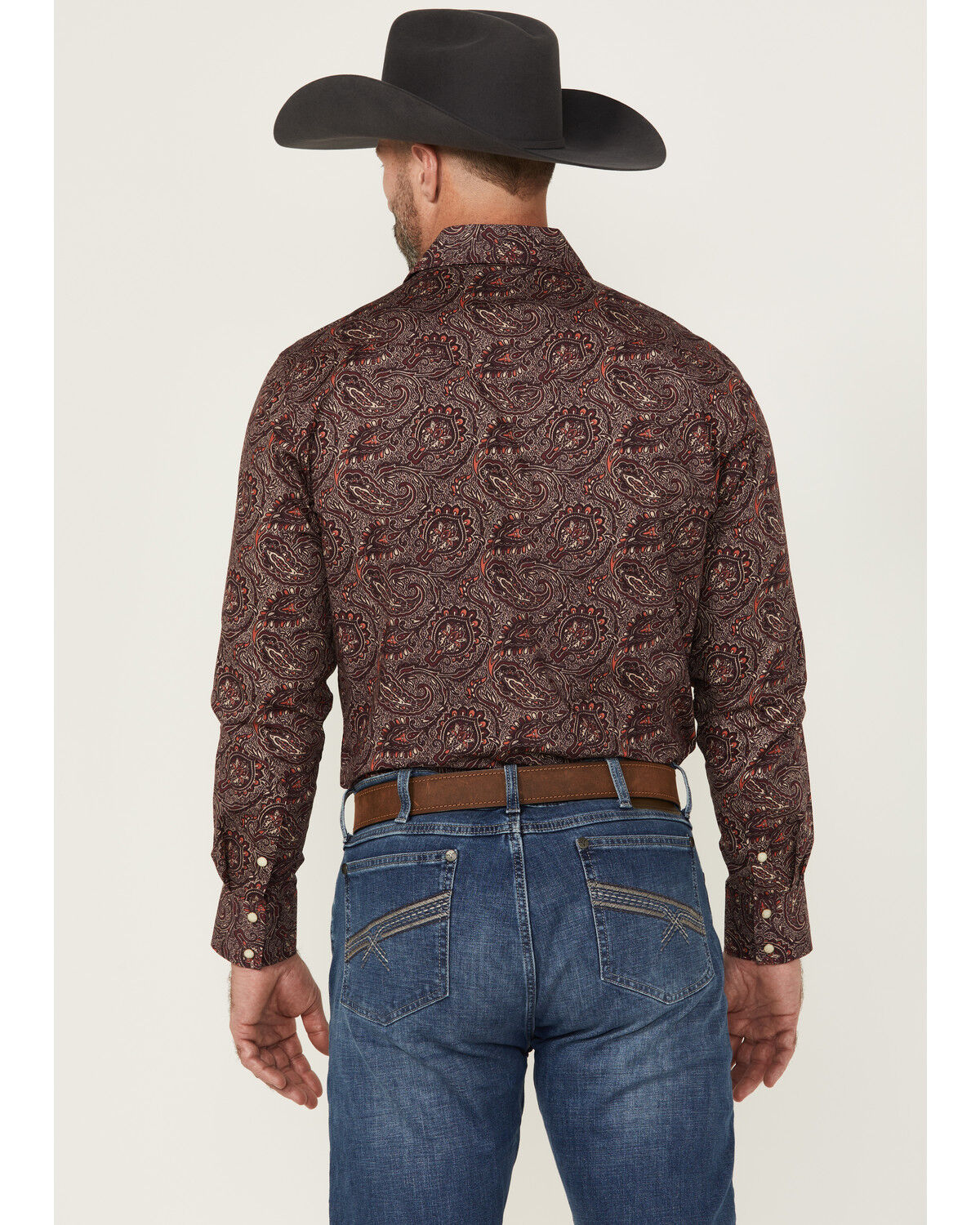 Image #4 - Rock & Roll Denim Men's Paisley Print Long Sleeve Snap Stretch Western Shirt, Burgundy, hi-res