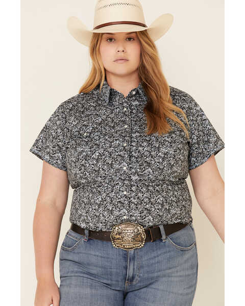 Rough Stock by Panhandle Women's Floral Print Short Sleeve Stretch Pearl Snap Western Shirt - Plus , Black, hi-res