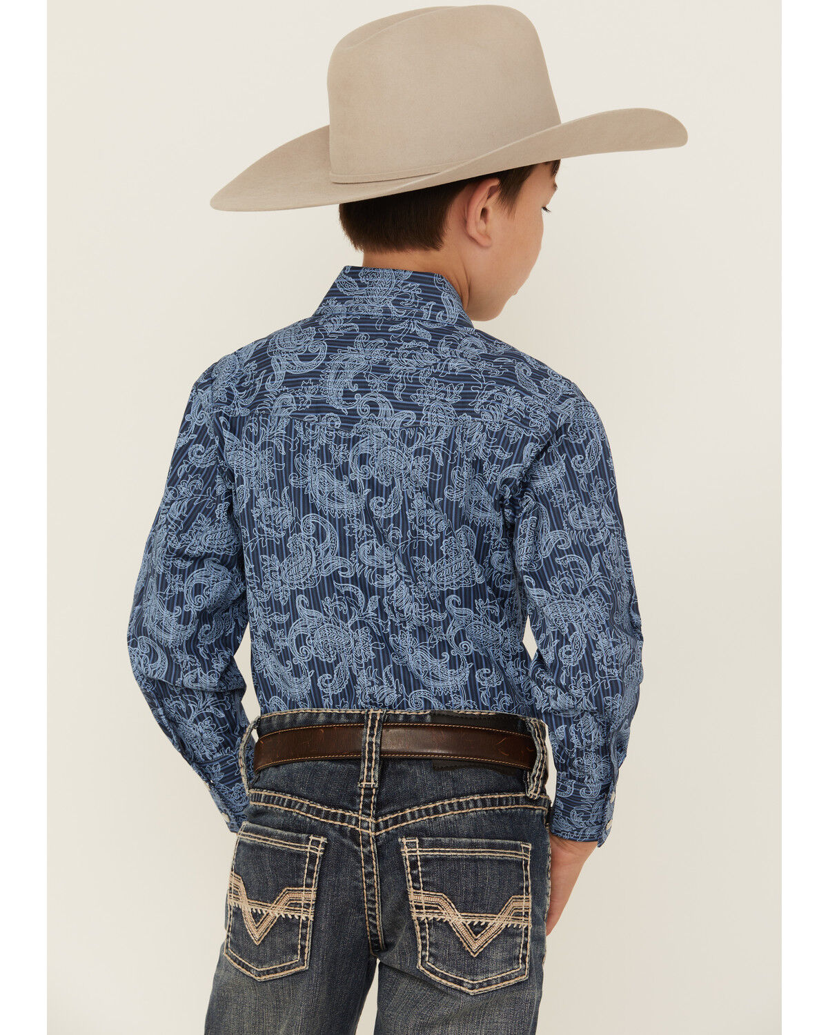 Image #4 - Ely Walker Boys' Paisley Print Long Sleeve Pearl Snap Western Shirt, Blue, hi-res