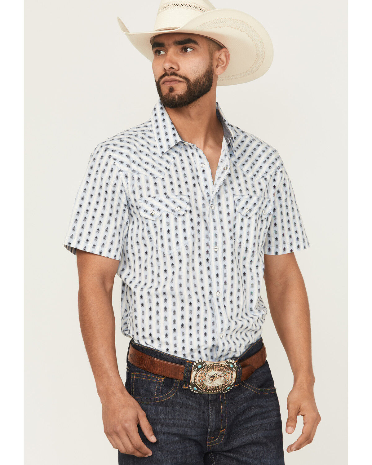 Image #1 - Cody James Men's Outlaw Pass Southwestern Striped Short Sleeve Snap Western Shirt, White, hi-res