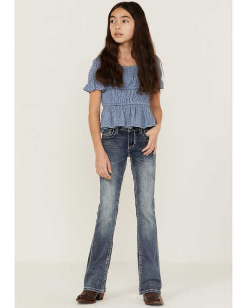 Grace in LA Girls' Medium Dark Wash Swirl Pocket Bootcut Jeans, Blue, hi-res