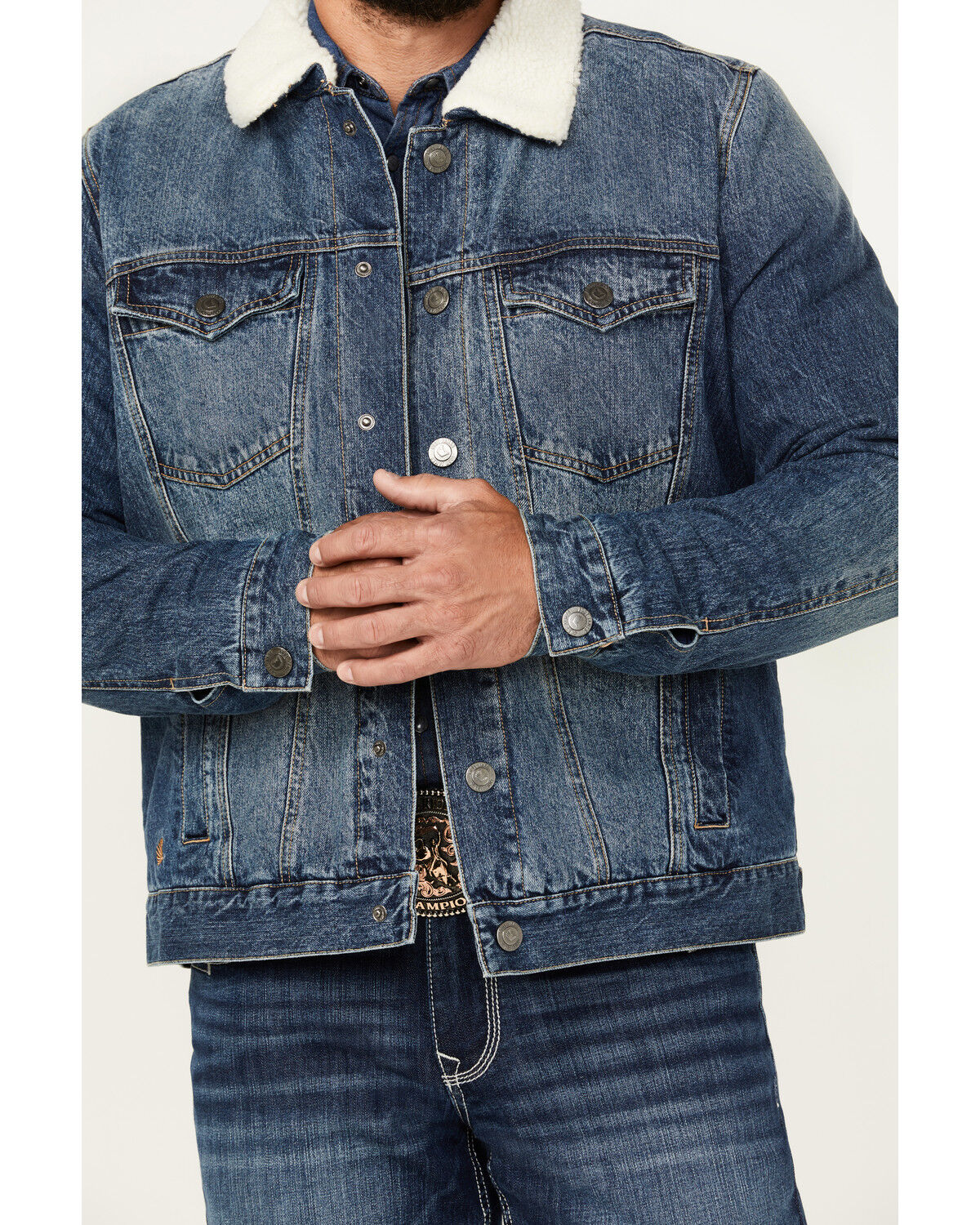 Image #3 - Cody James Men's Medium Wash Snap Sherpa Denim Jacket, Medium Wash, hi-res