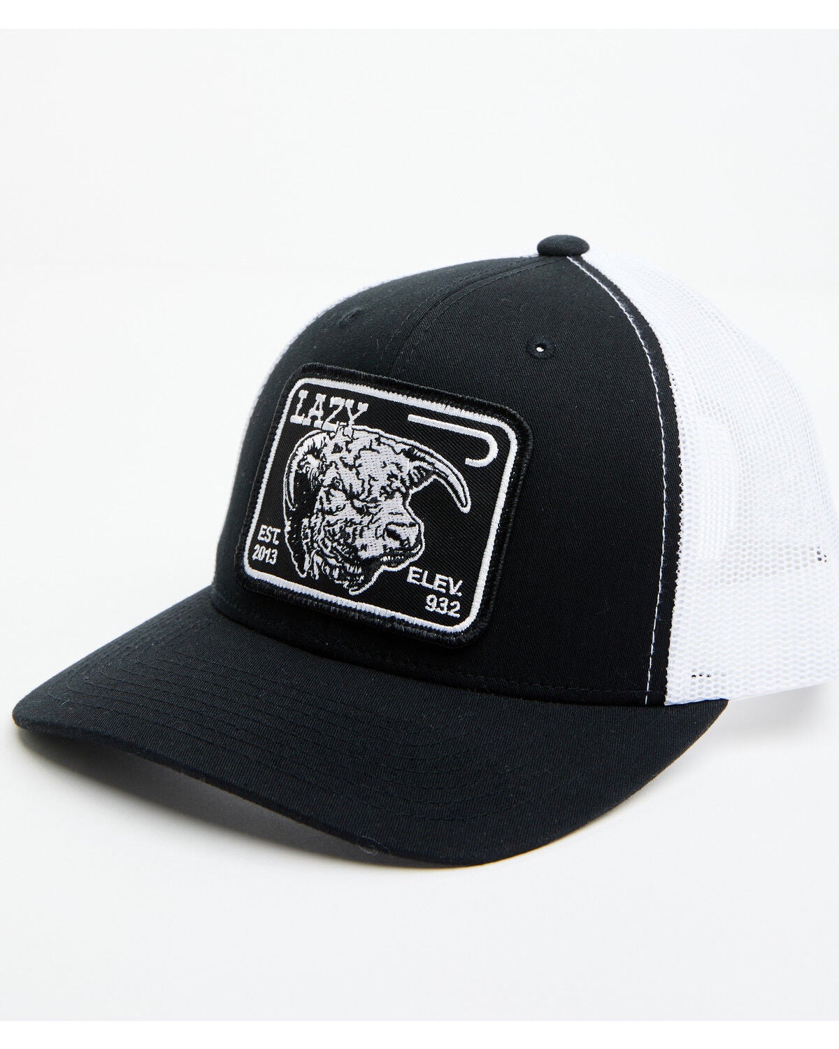 Lazy J Ranch Men's Black & White Elevation Cowhead Logo Patch Mesh-Back Ball Cap, Black, hi-res