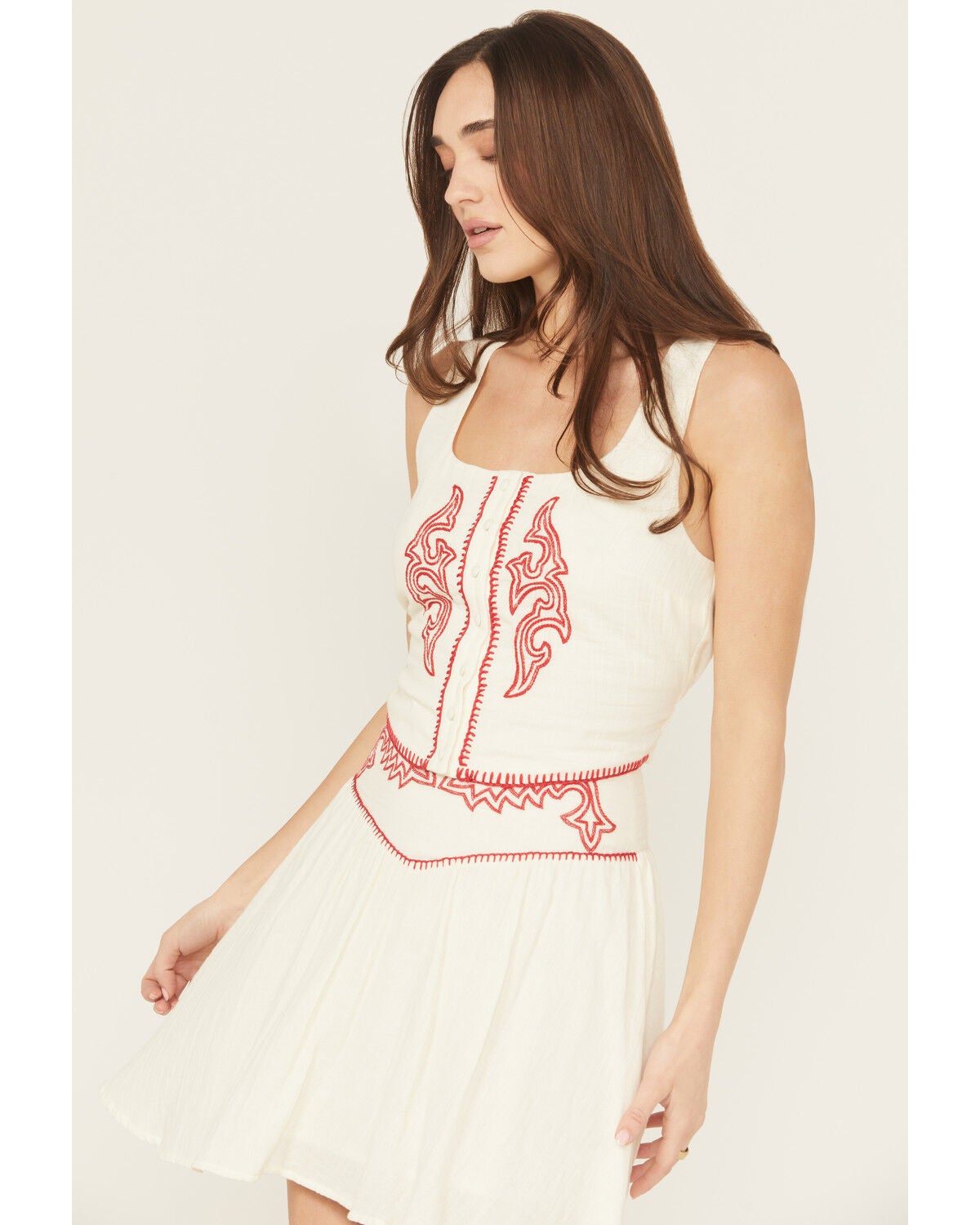 Rock & Roll Denim Women's Sleeveless Boot Stitch Embroidered Top, Natural, hi-res