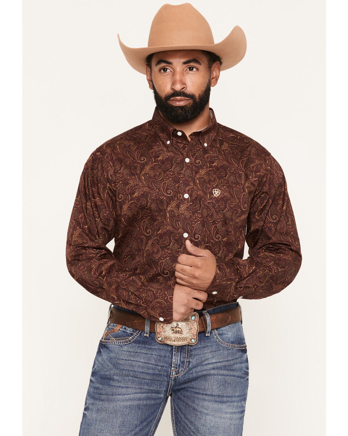 Image #1 - Ariat Men's Boot Barn Exclusive Reva Wrinkle Free Paisley Print Long Sleeve Button-Down Western Shirt, Burgundy, hi-res