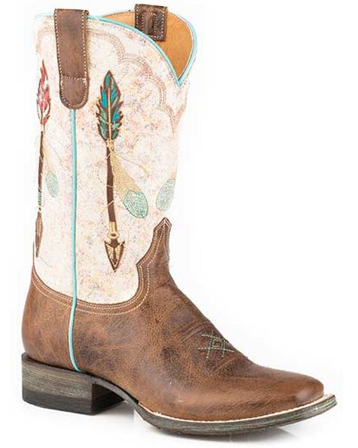 Roper Women's Arrow Feather Embroidered Overlay Western Boots - Square Toe, Tan, hi-res