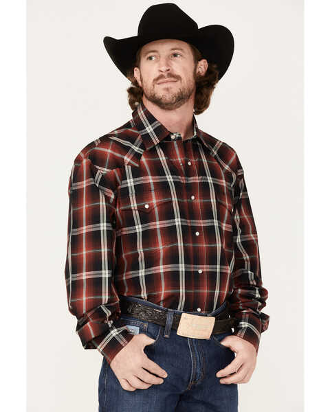 Image #2 - Roper Men's Pinewood Plaid Print Long Sleeve Pearl Snap Western Shirt, Red, hi-res