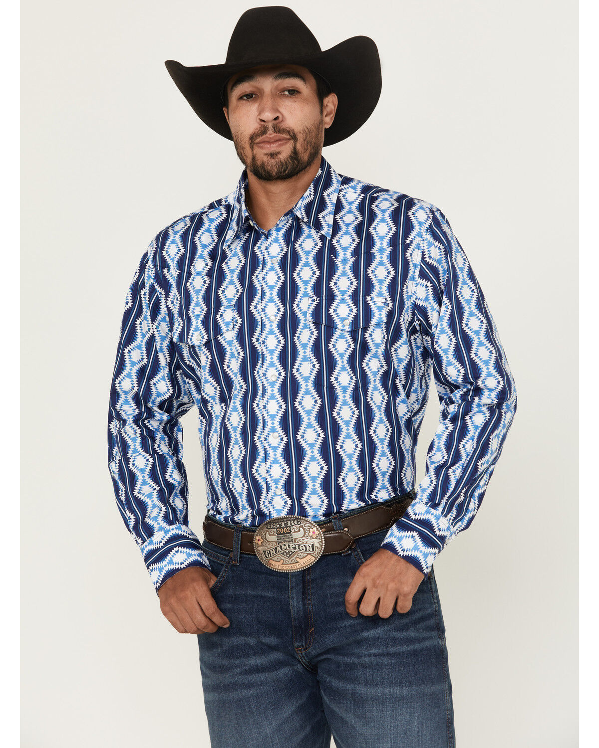 Image #1 - Wrangler Men's Checotah Southwestern Print Long Sleeve Snap Western Shirt, Blue, hi-res