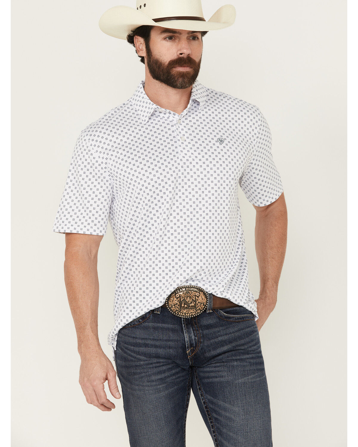 Image #1 - Ariat Men's Geo Print Short Sleeve Polo, White, hi-res