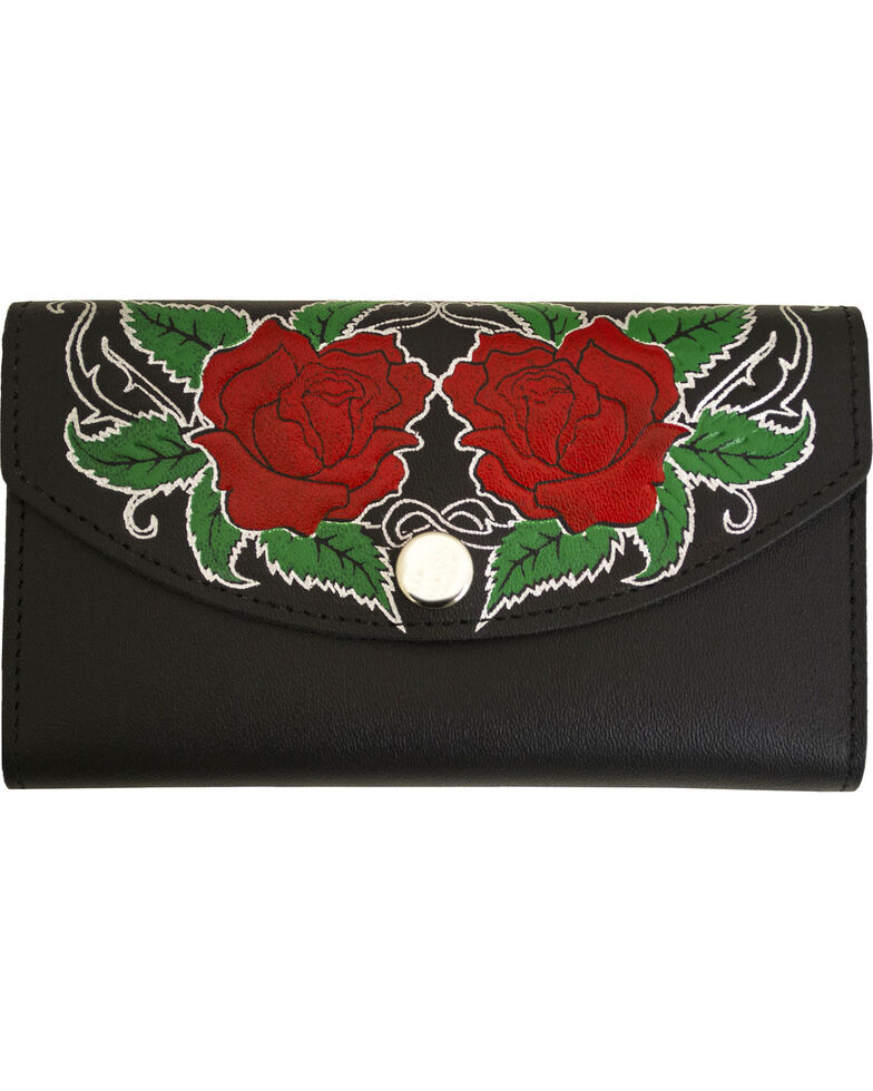 Western Express Women's Rose Black Leather Organizer Wallet, Black, hi-res