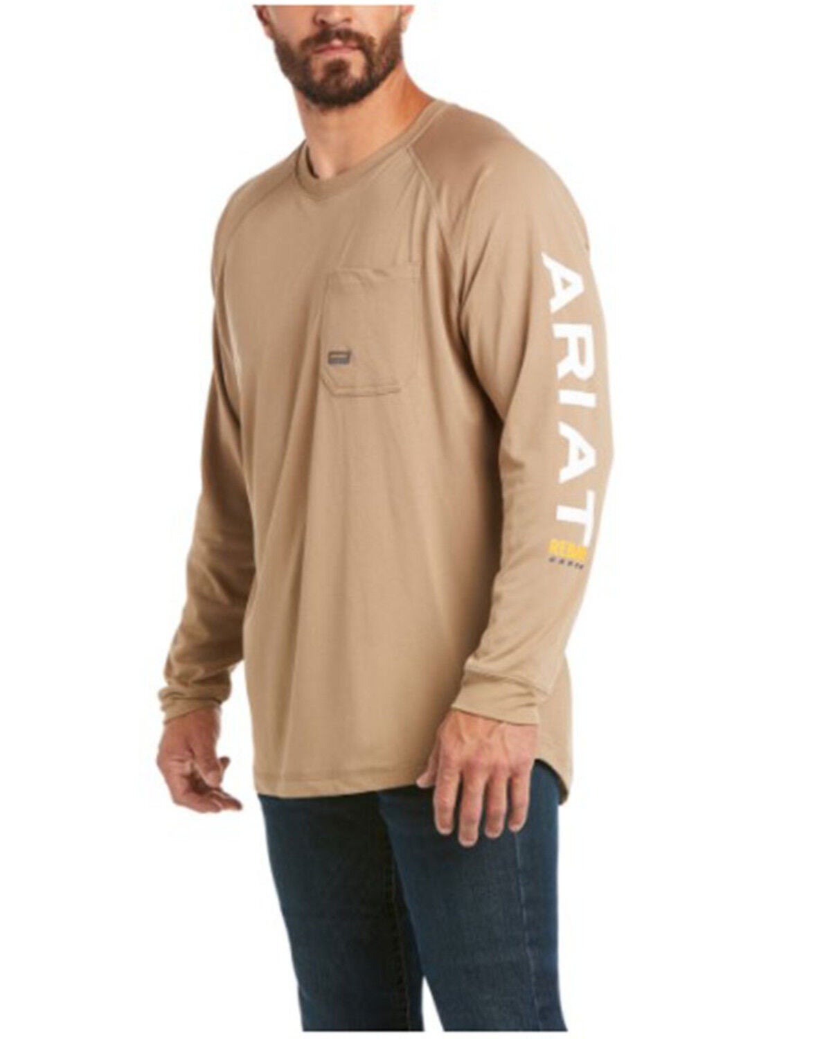 Ariat Men's Khaki Rebar Heat Fighter Long Sleeve Work Pocket T-Shirt - Big, Beige/khaki, hi-res