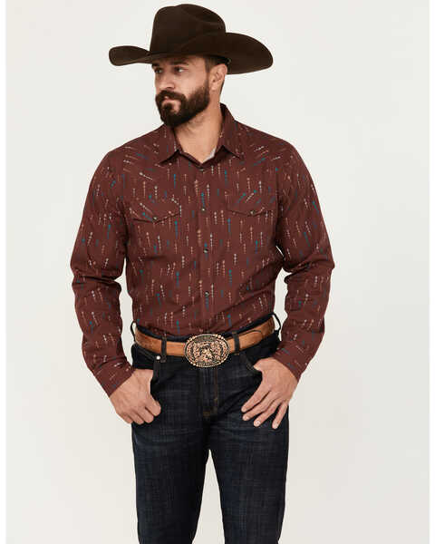 Image #1 - Gibson Trading Co Men's Lamp Shade Arrow Print Long Sleeve Snap Western Shirt, Pecan, hi-res