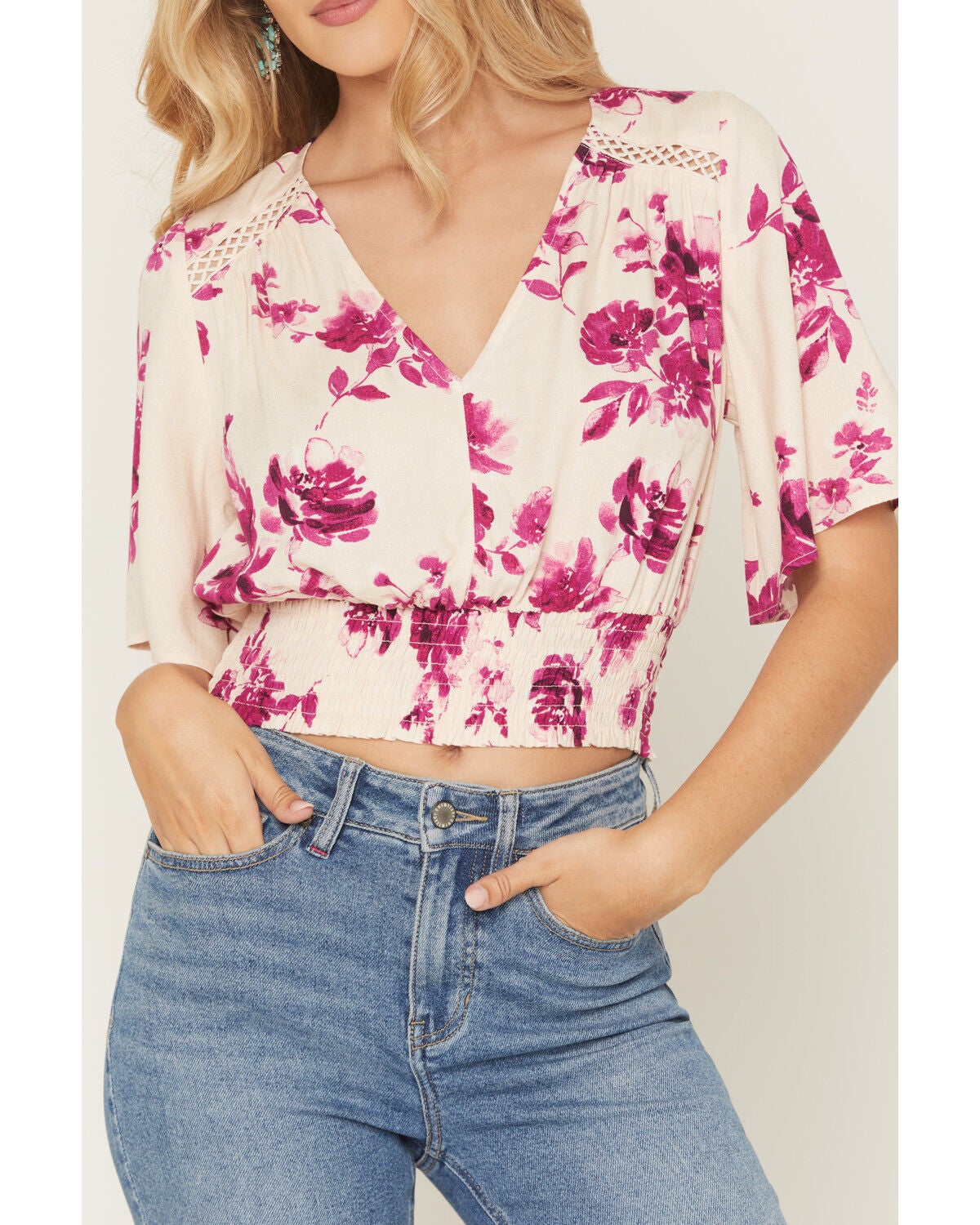 Image #3 - Idyllwind Women's Meadow Floral Print Smocked Top, Light Pink, hi-res