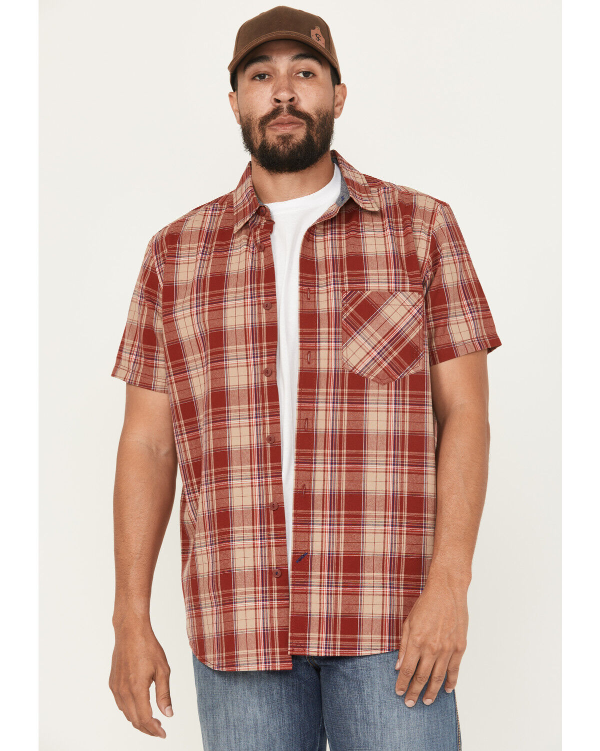 Image #1 - Brothers and Sons Men's Amador Plaid Print Short Sleeve Button-Down Western Shirt, Dark Red, hi-res