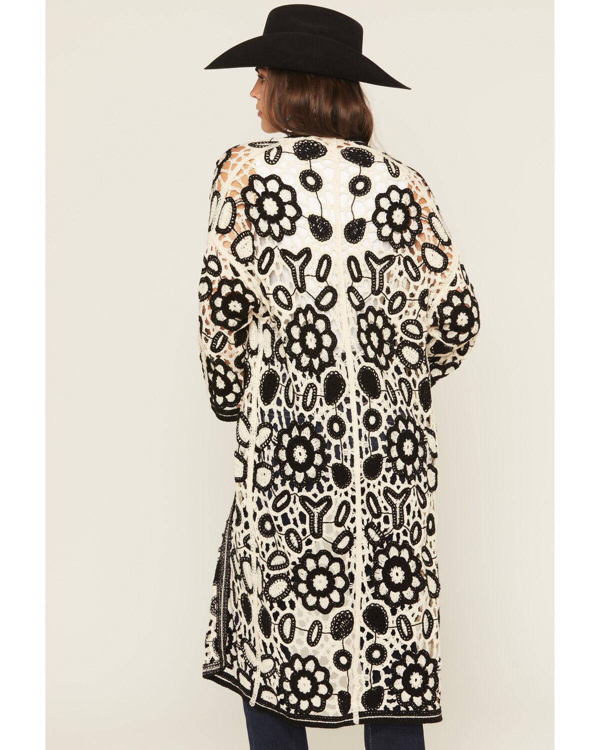 Image #4 - POL Women's Floral Crochet Long Sleeve Kimono, Black, hi-res