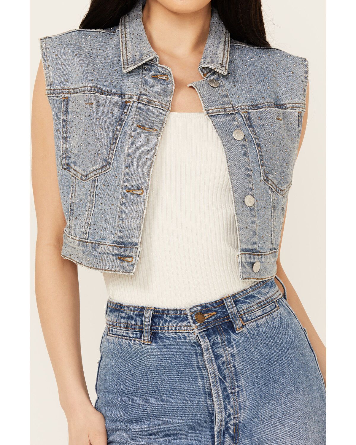 Image #3 - Vibrant Denim Women's Cropped Embellished Light Wash Denim Vest, Light Wash, hi-res