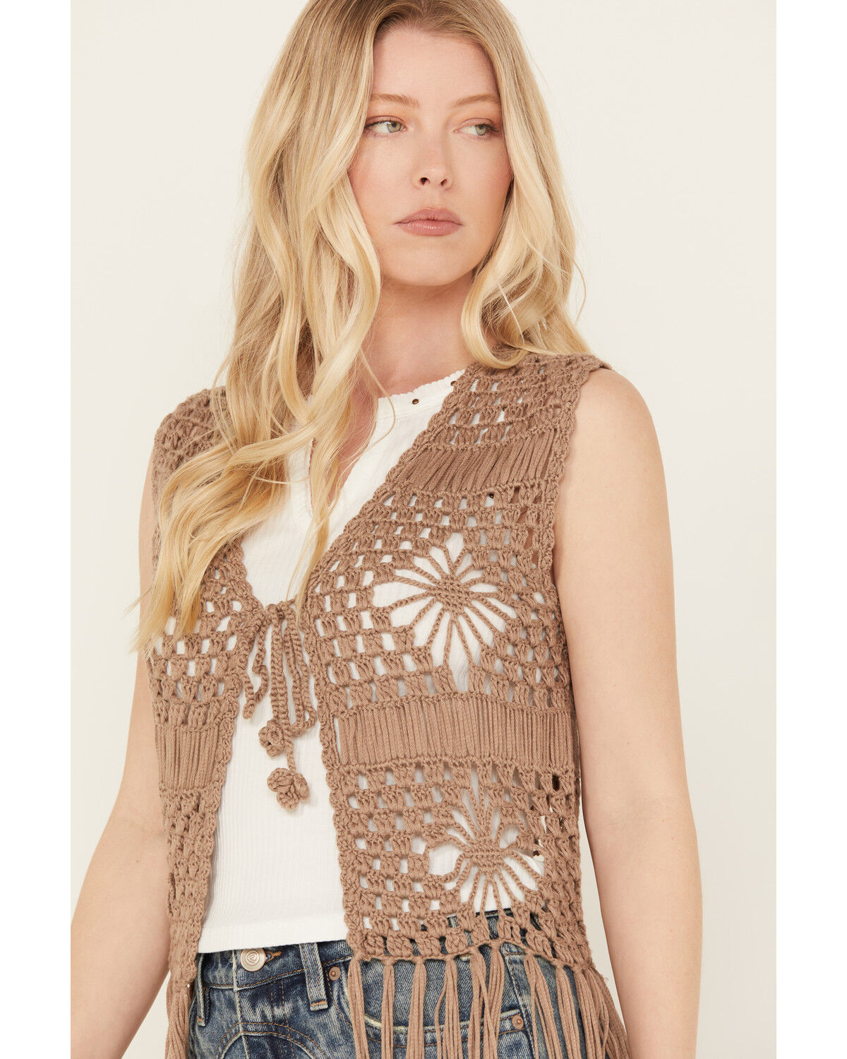 Image #2 - Rock & Roll Denim Women's Crochet Fringe Vest, Taupe, hi-res