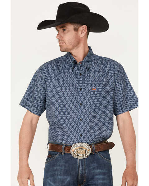 Cinch Men's Arena Flex Diamond Medallion Geo Print Short Sleeve Button-Down Western Shirt , Blue, hi-res