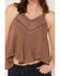 Image #3 - Miss Me Women's Pleated Lace Trim Hanky Hem Top, Brown, hi-res