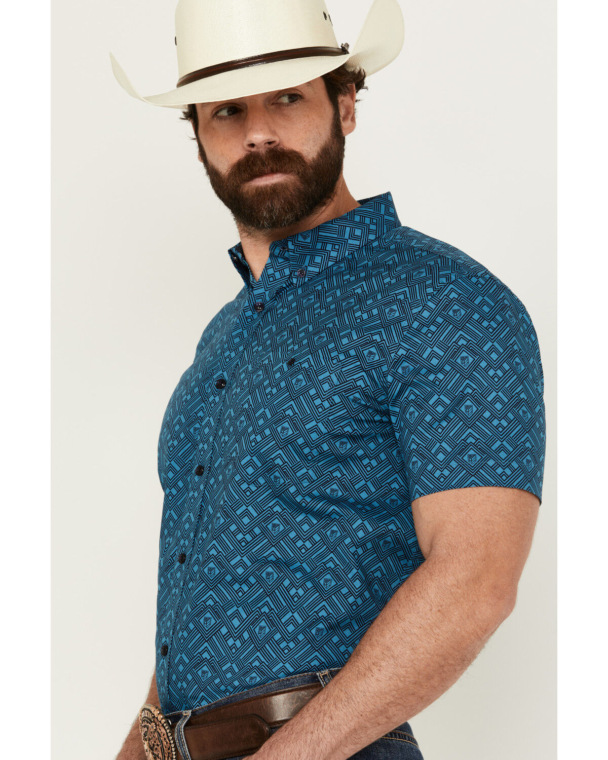 Image #2 - RANK 45® Men's Interlock Plains Abstract Geo Print Short Sleeve Button-Down Stretch Western Shirt, Medium Blue, hi-res