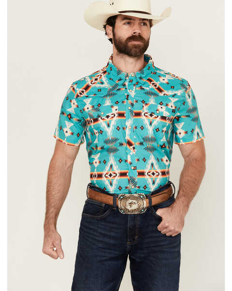 Image #1 - Rock & Roll Denim Men's Tek Southwestern Print Short Sleeve Snap Western Shirt , Turquoise, hi-res