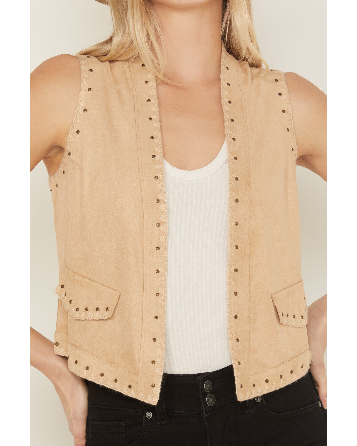 Image #3 - Shyanne Women's Faux Suede Whipstitch Fringe Vest, Khaki, hi-res