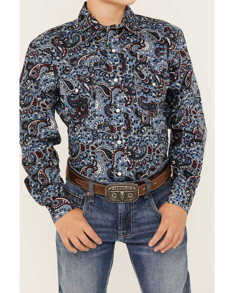 Image #3 - Cinch Boys' Paisley Print Long Sleeve Button-Down Western Shirt, Blue, hi-res